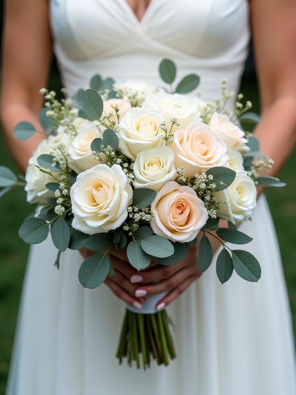 Bouquet da sposa con rose selvatiche e eucalipto.