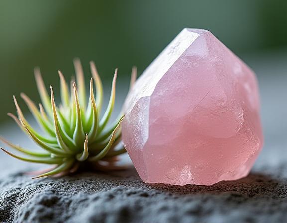Primo piano di un quarzo rosa grezzo accanto a una pianta di tillandsia.