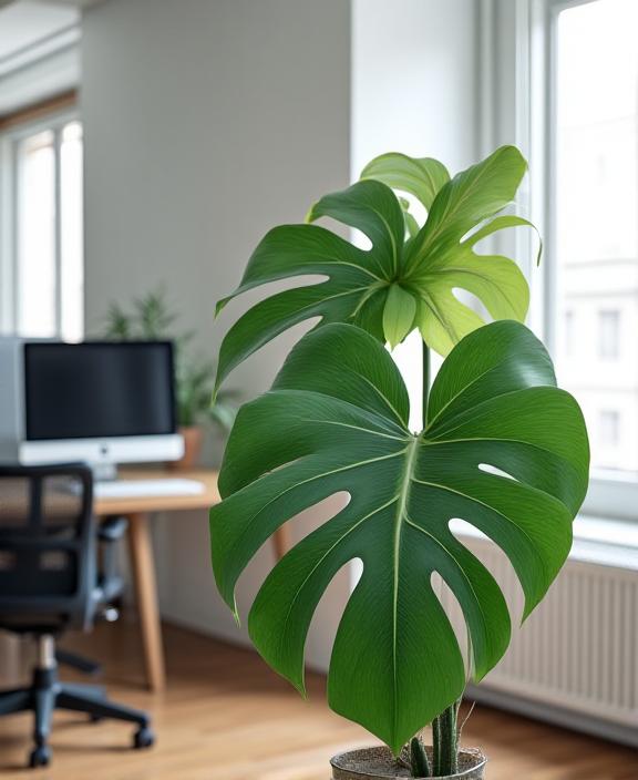 Angolo di un ufficio con una grande pianta di Monstera Deliciosa.
