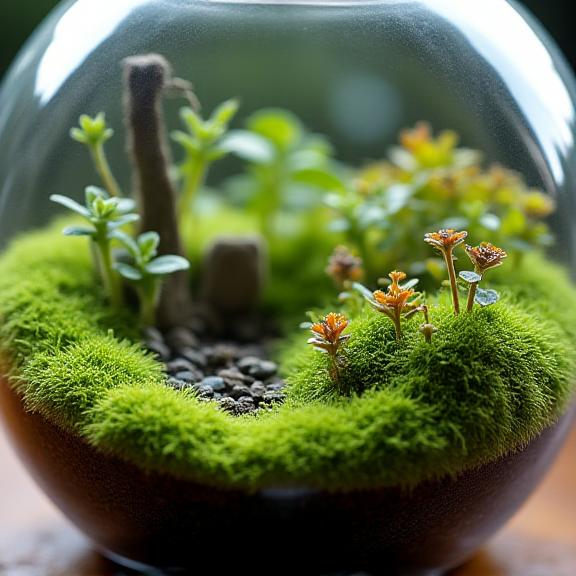 Dettaglio di un terrario personalizzato con muschio e piccole piante.